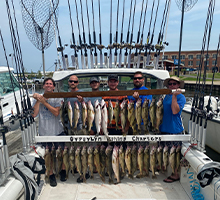group of guys with a board full of walleye and a couple steelhead fish